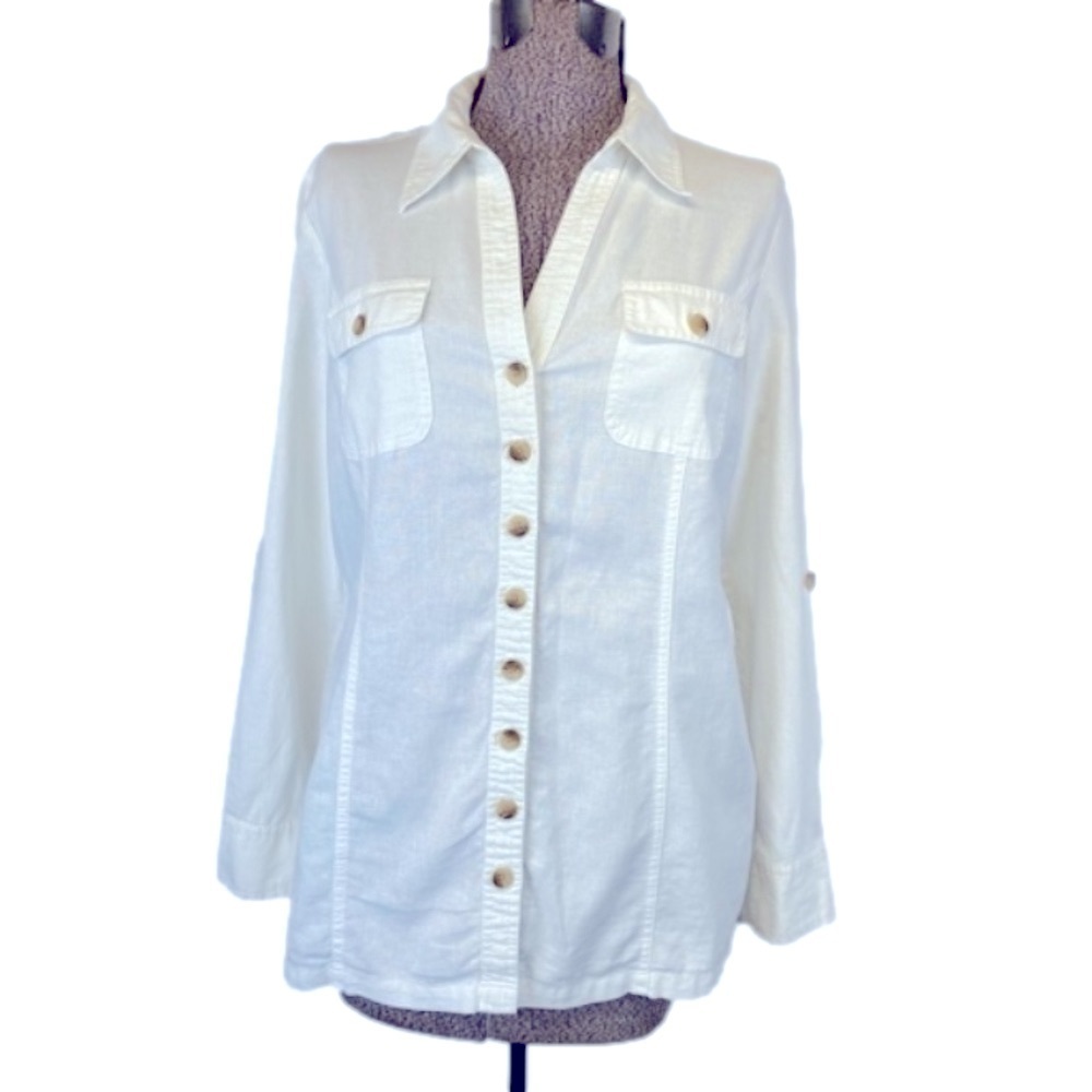 NEW! Cleo Linen & Cotton Blend Button Down Shirt Roll Tab Sleeves Women’s Medium